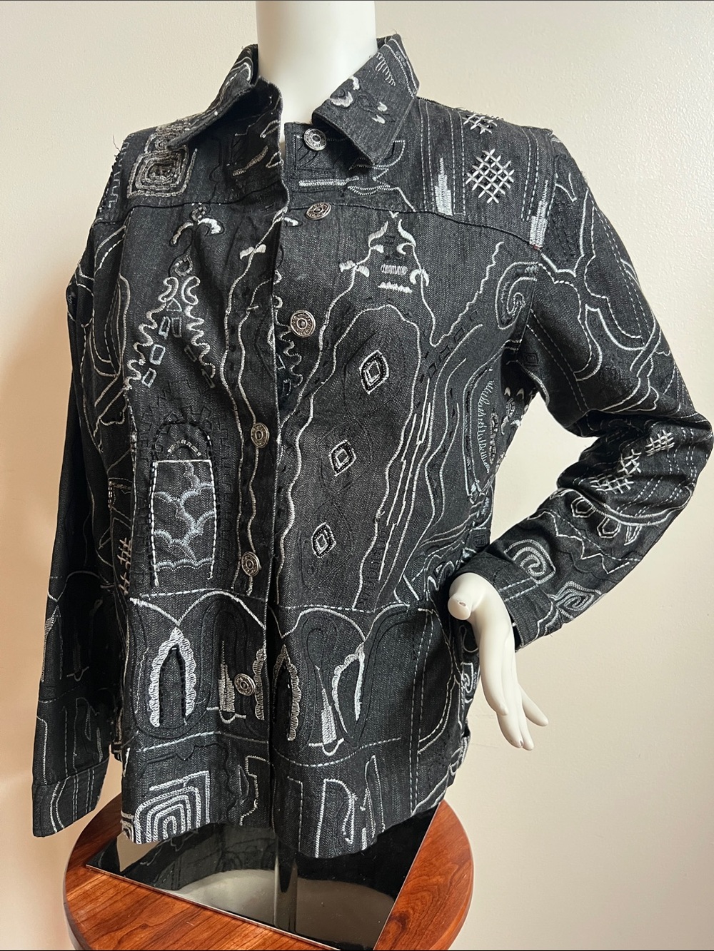 Laura Ashley Black & White Southwestern Patterned Jean Jacket
